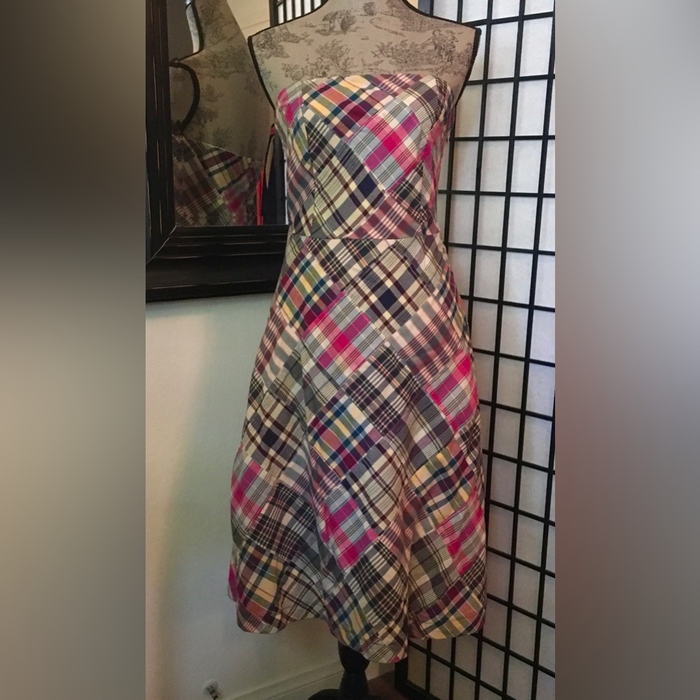 American Eagle Outfitters Strapless Plaid Dress - Pink and Blue with side zipper